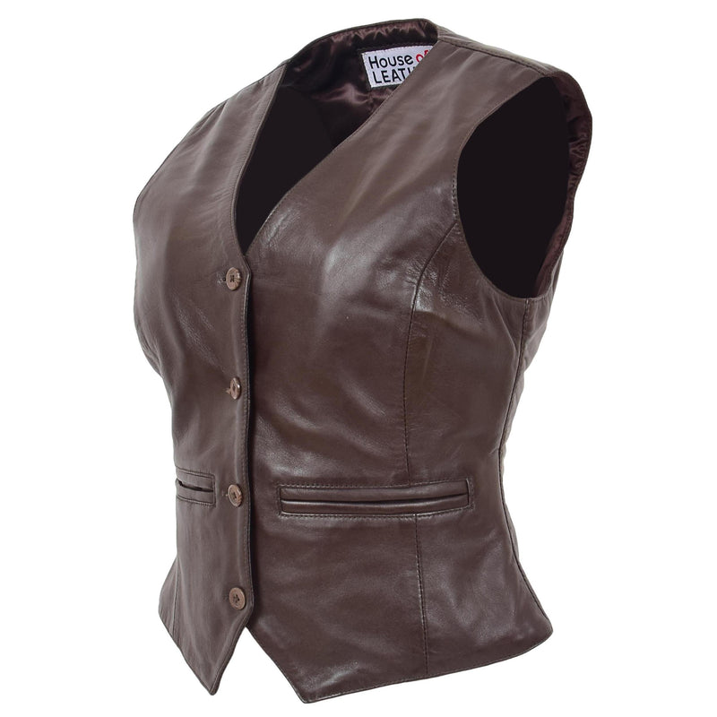Womens Leather Classic Buttoned Waistcoat Rita Brown 3