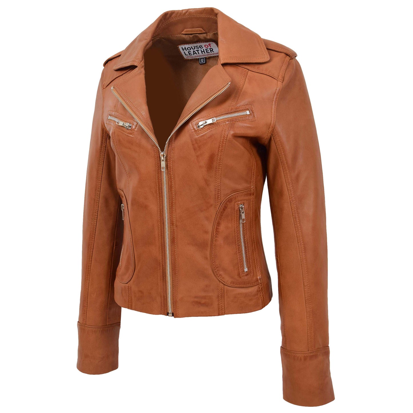 Womens Leather Fitted Biker Style Jacket Kim Tan 3