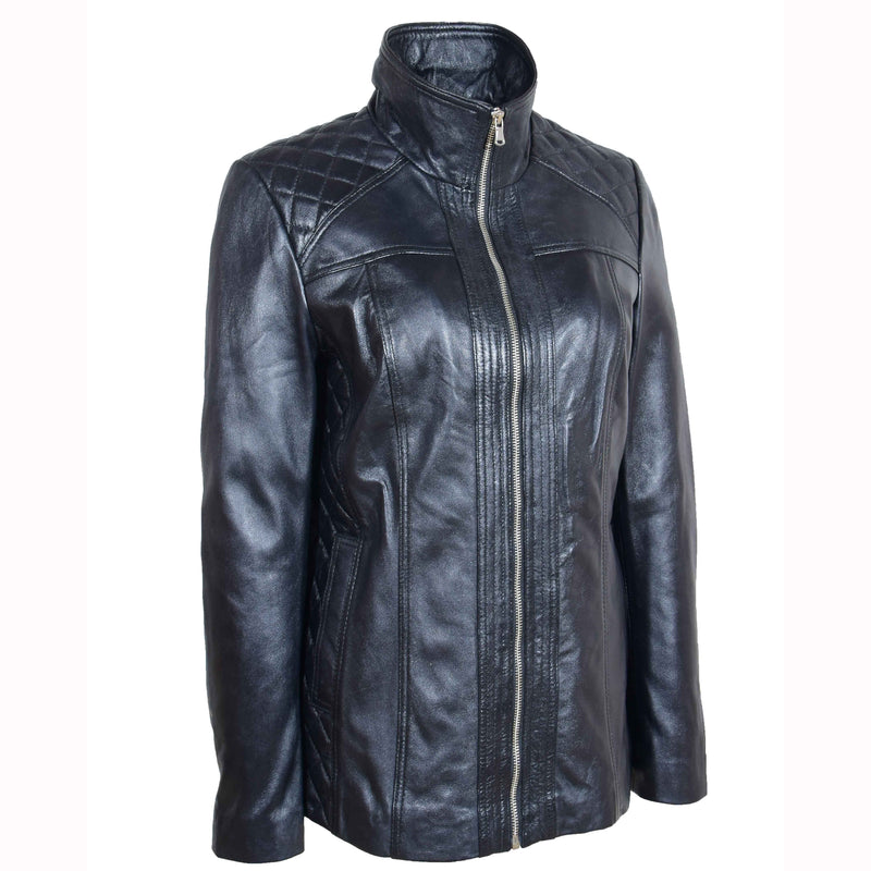 Womens Real Leather Jacket Zip Quilted ECHO Black 4