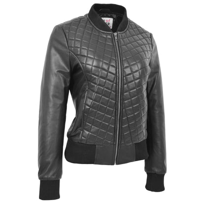 Womens Leather Varsity Quilted Bomber Jacket Sally Black 3