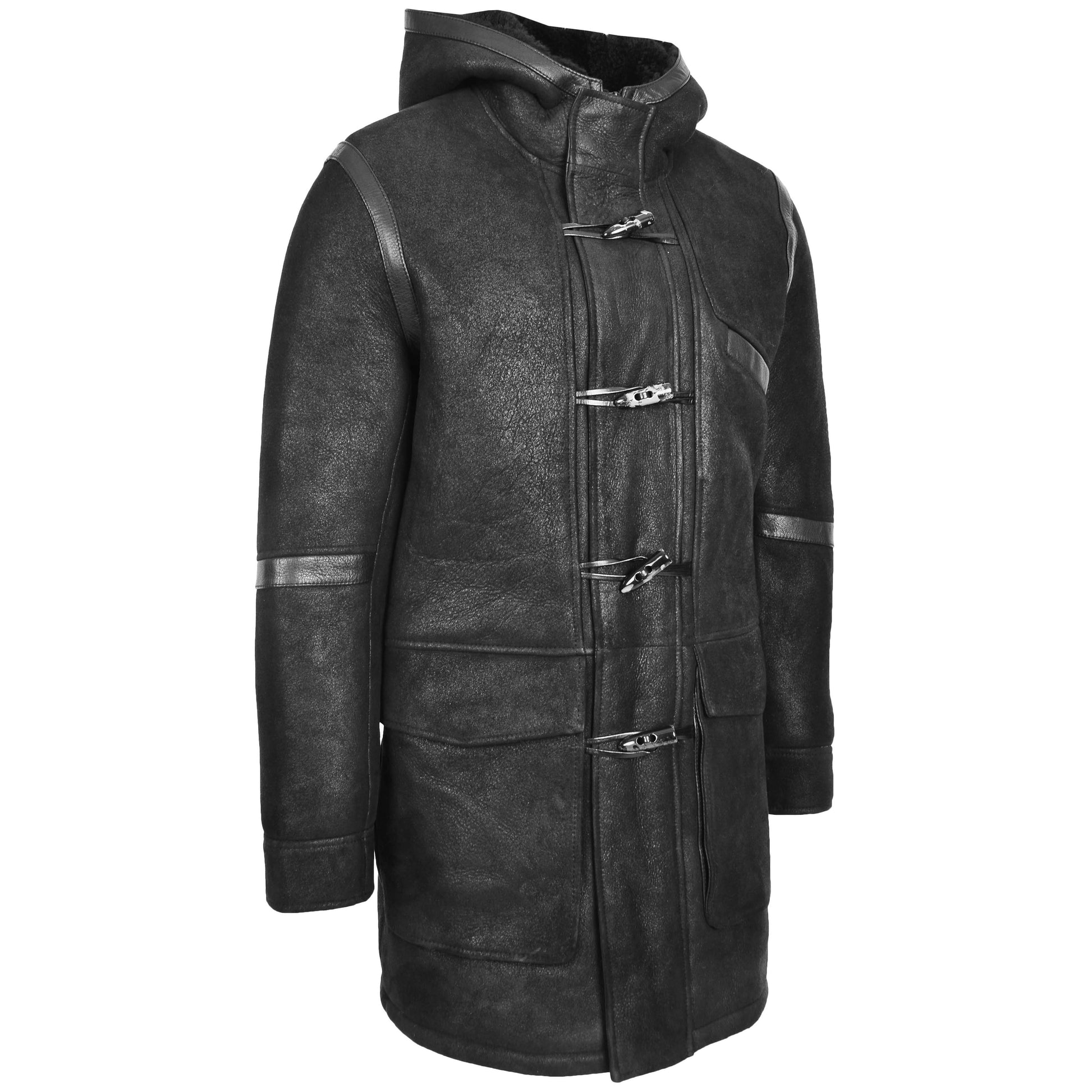 Mens Real Sheepskin Winter Duffle Coat Bain Black 2