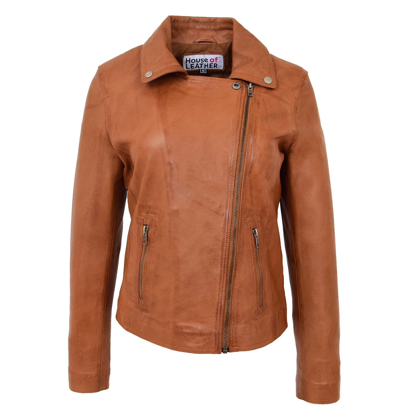 Womens Soft Leather Cross Zip Biker Jacket Lola Tan 2