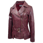 Womens Leather Hip Length Biker Jacket Celia Burgundy 2
