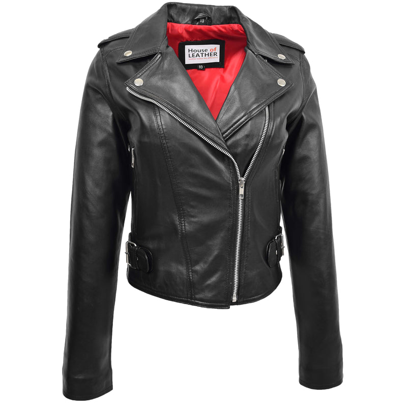 Womens Leather Biker Style Cross Zip Jacket Emma Black 3