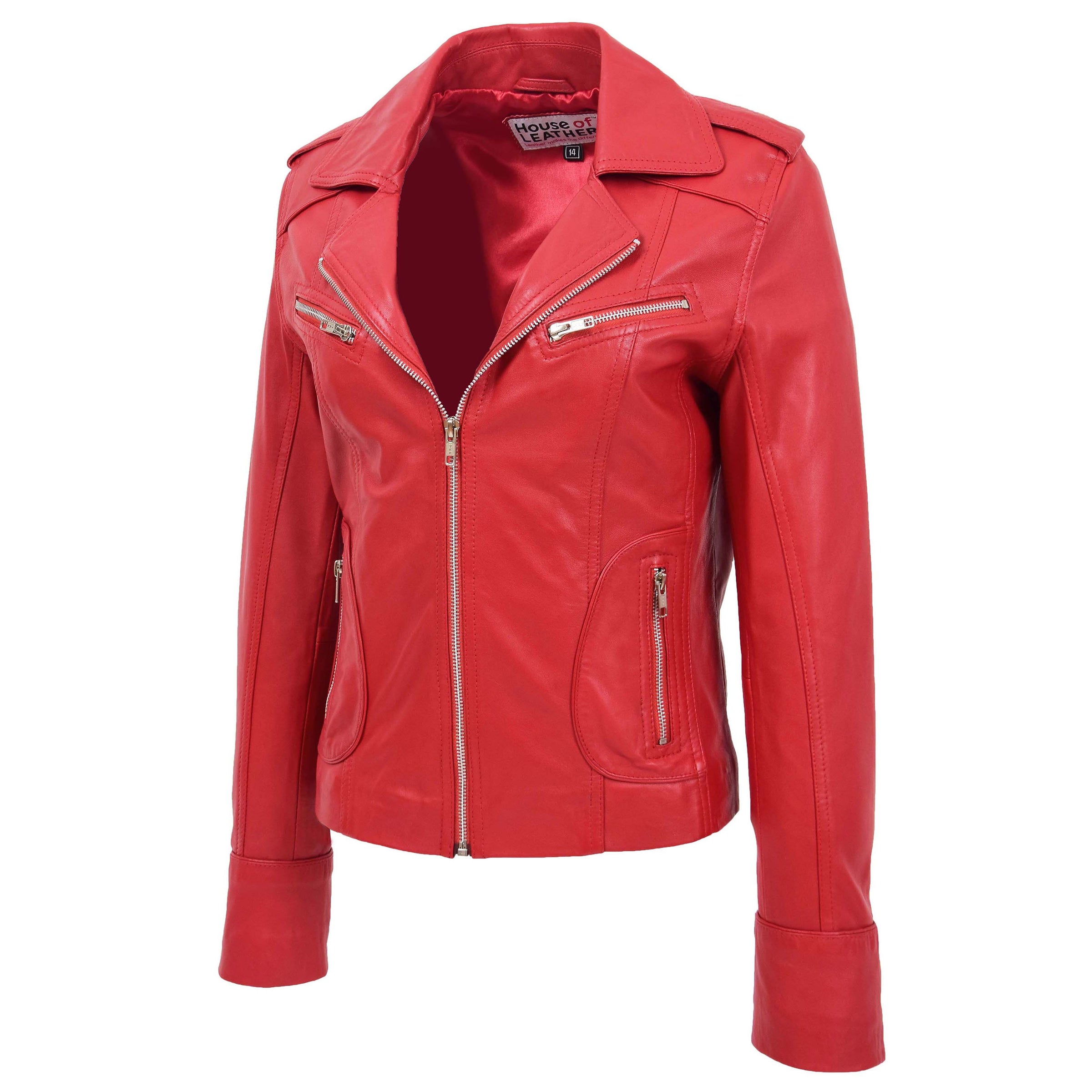 Womens Fitted Biker Style Leather Jacket Red | House of Leather