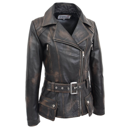 Womens Leather Hip Length Biker Jacket Celia Rub Off 3