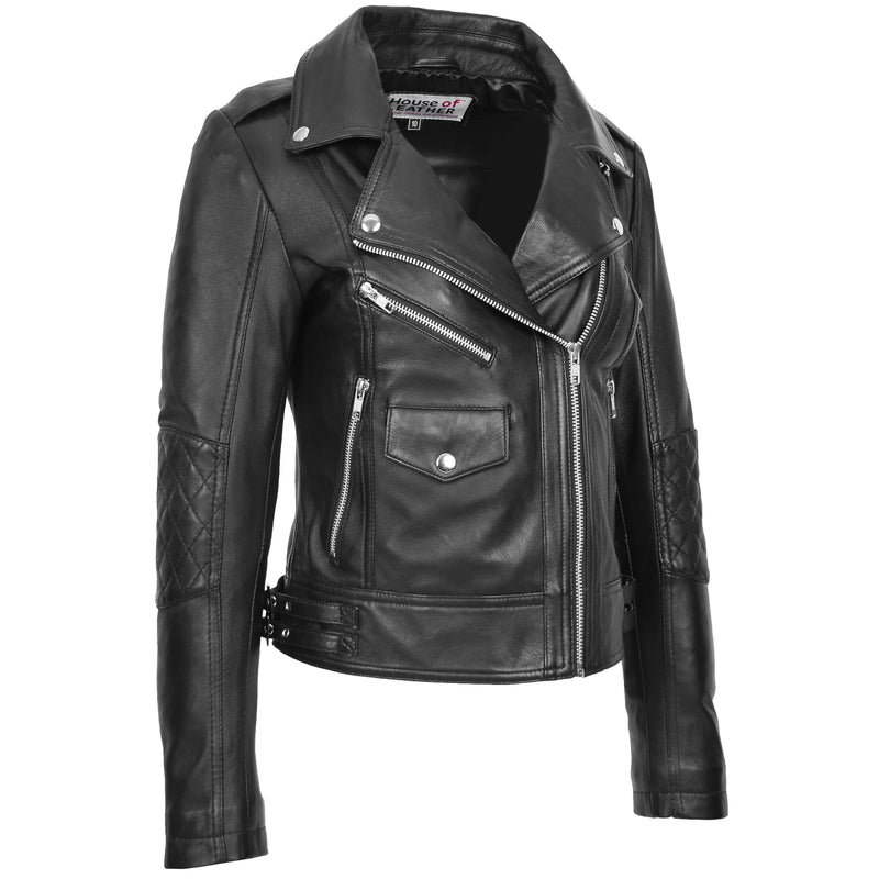 Womens Real Leather Biker Cross Zip Fashion Jacket Remi Black 3