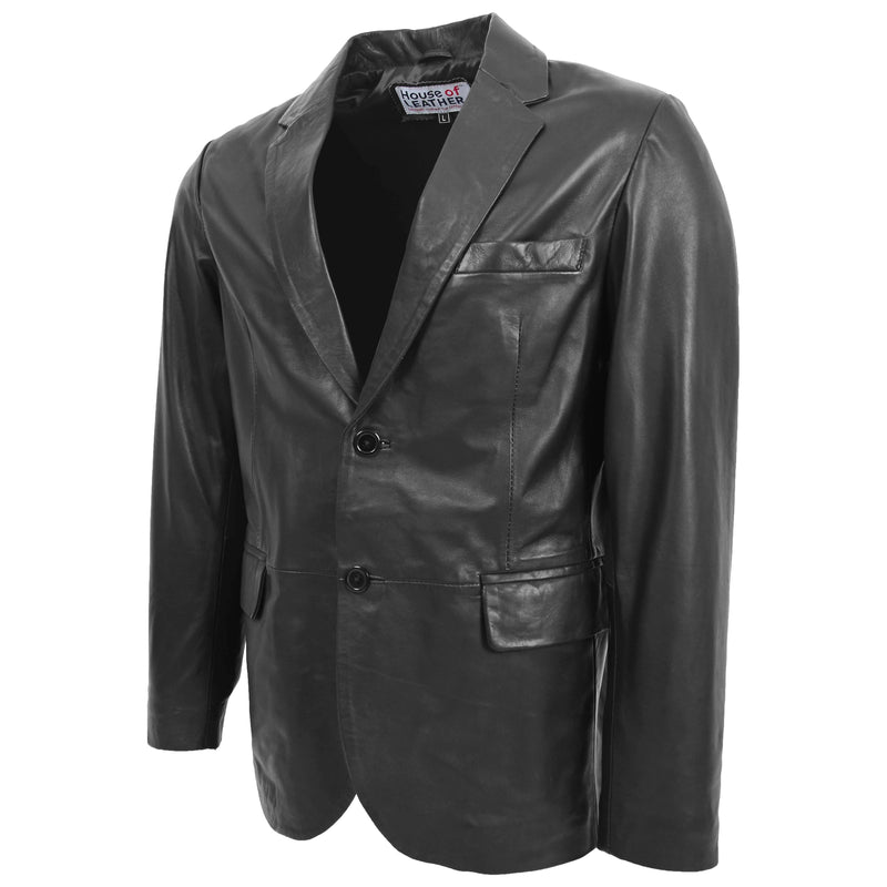 Mens Leather Blazer Two Button Jacket Zavi Black 3