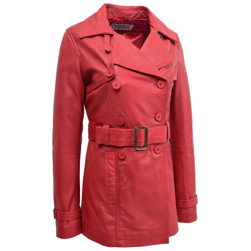 Womens Leather Double Breasted Trench Coat Sienna Red 3