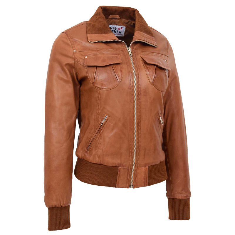 Womens Leather Classic Bomber Jacket Motto Tan 2