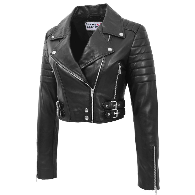 Womens Leather Cropped Biker Style Jacket Demi Black 4