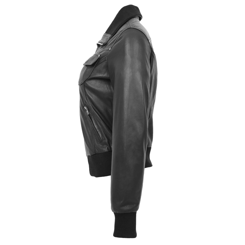 Womens Leather Classic Bomber Jacket Motto Black 4