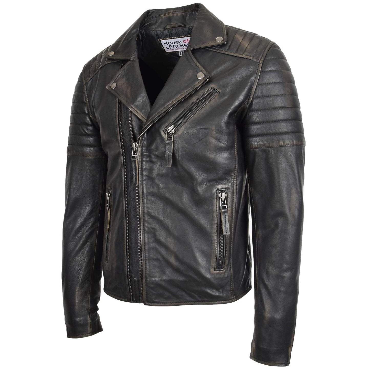 Mens Biker Leather Jacket Dual Zip Hook Rub Off 4