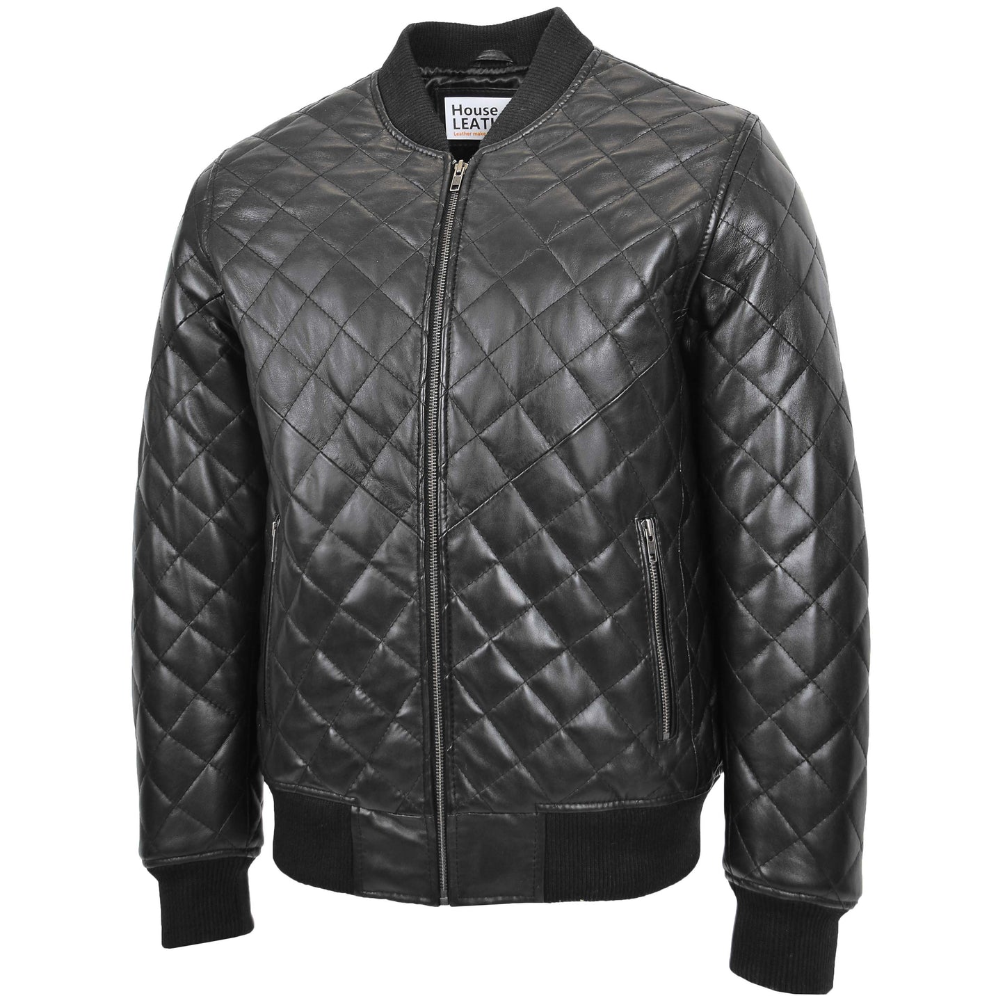 Mens Leather Quilted Bomber Jacket Warren Black 3