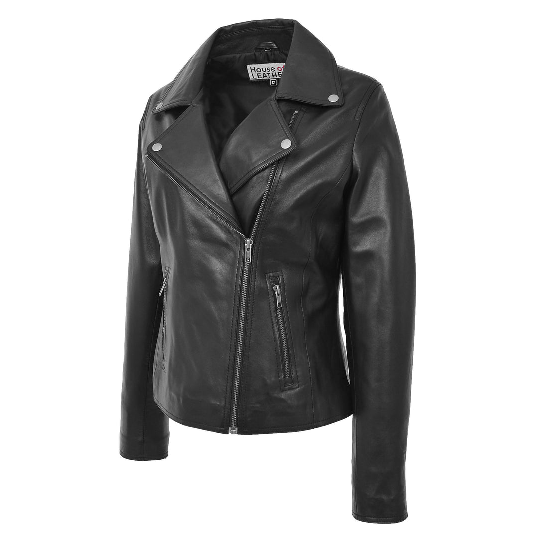 Womens Soft Leather Cross Zip Biker Jacket Black House of Leather