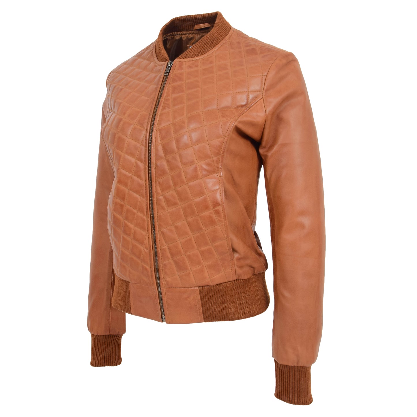 Womens Leather Varsity Quilted Bomber Jacket Sally Tan 3