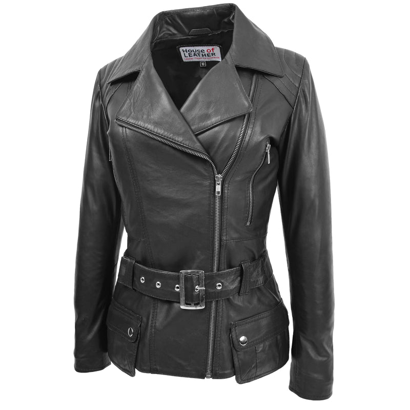 Womens Leather Hip Length Biker Jacket Celia Black 3