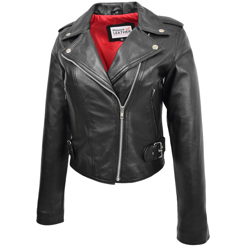 Womens Leather Biker Style Cross Zip Jacket Emma Black 4
