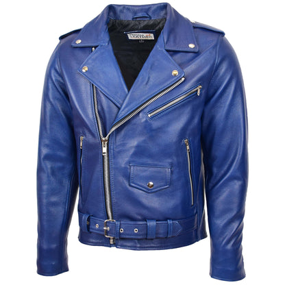 Mens Heavy Duty Leather Biker Brando Jacket Kyle Blue 3