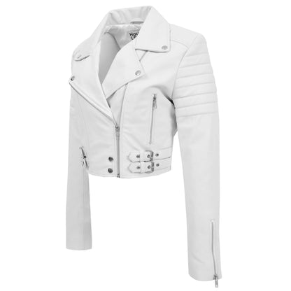 Womens Leather Cropped Biker Style Jacket Demi White 4