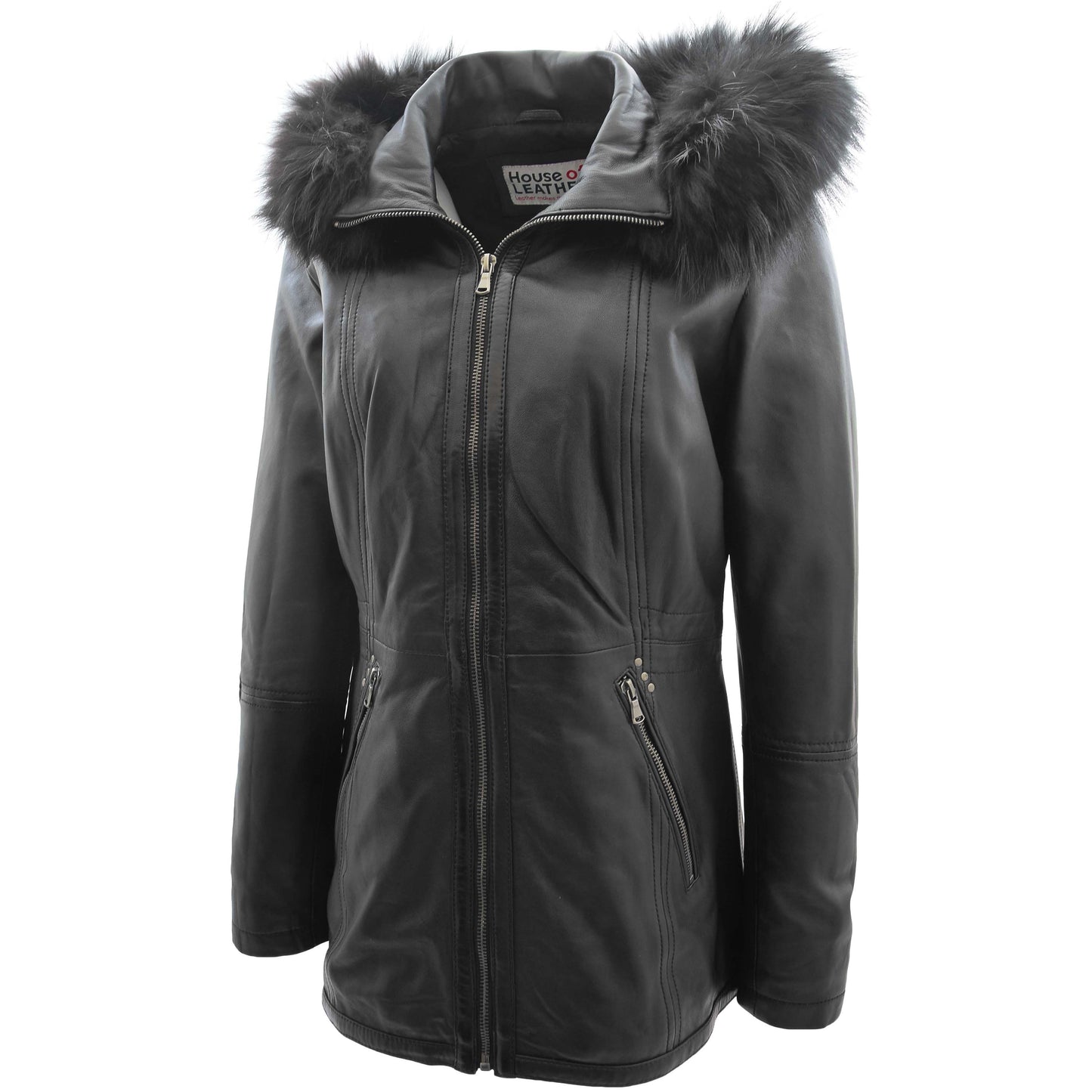 Womens Real Leather Mid Length Coat Fleur Black 3