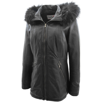 Womens Real Leather Mid Length Coat Fleur Black 3