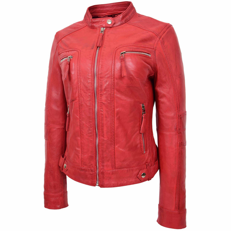 Womens Real Leather Biker Jacket Casual Style Annie Red 3