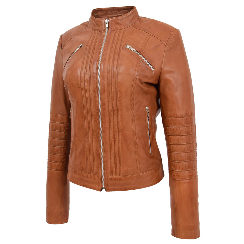 Womens Leather Classic Biker Style Jacket Alice Tan 3