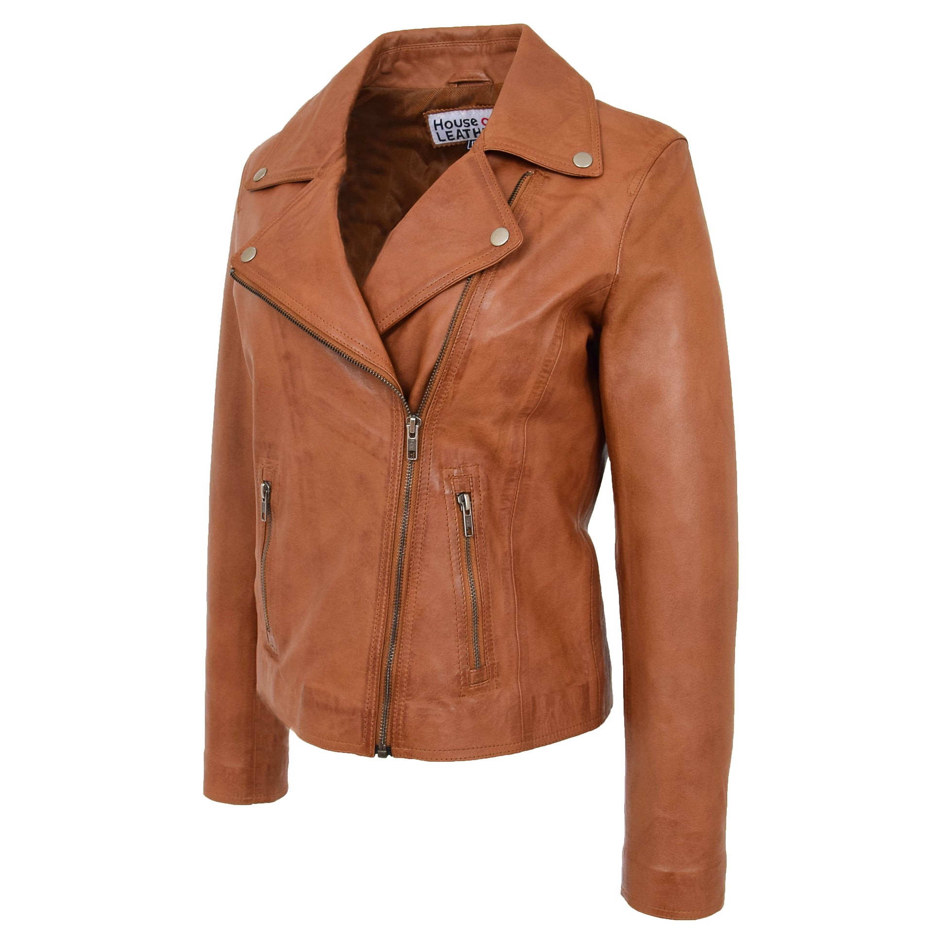 Womens Soft Leather Cross Zip Biker Jacket Lola Tan 3