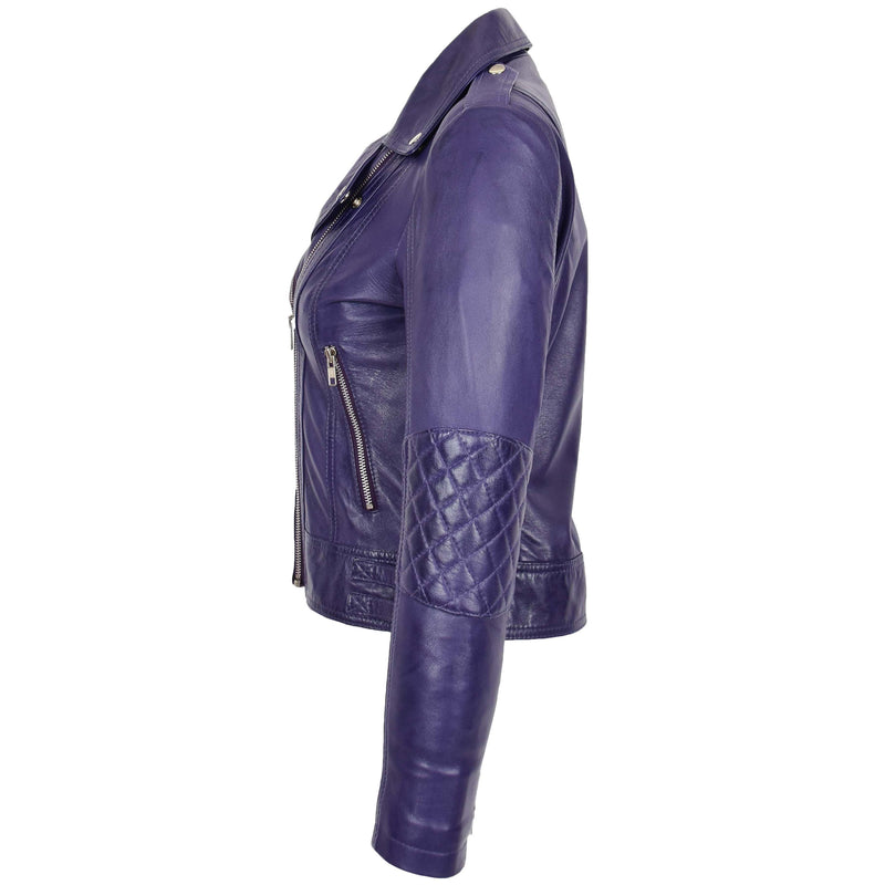 Womens Real Leather Biker Cross Zip Fashion Jacket Remi Purple 4