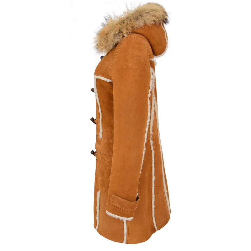 Womens Sheepskin Duffle Coat 3/4 Length Parka Beth Tan White 5