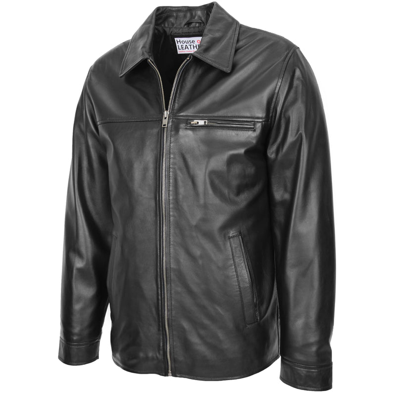 Mens Soft Leather Plain Zip Box Casual Jacket Frank Black 3
