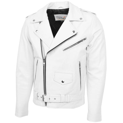 Mens Heavy Duty Leather Biker Brando Jacket Kyle White 4