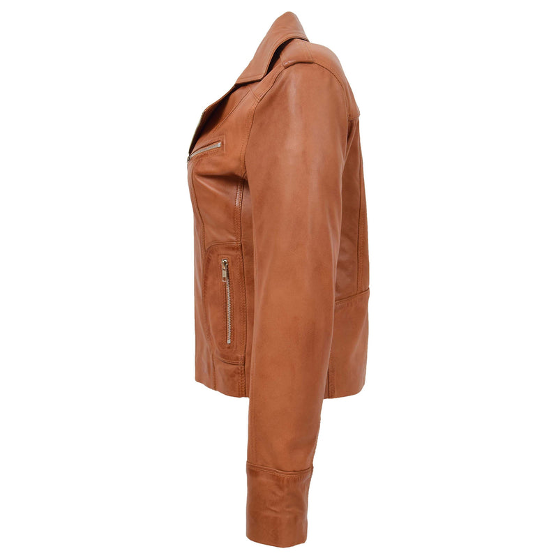 Womens Leather Fitted Biker Style Jacket Kim Tan 4