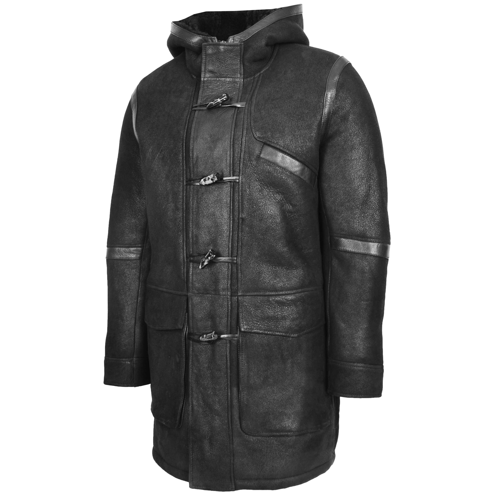 Mens Real Sheepskin Winter Duffle Coat Bain Black 3