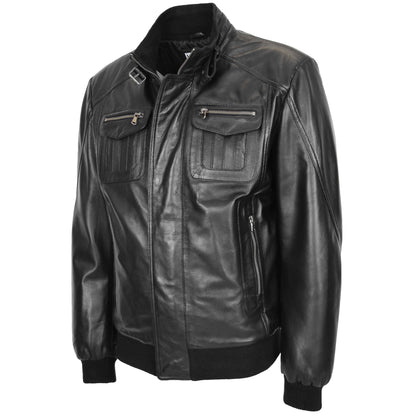 Mens Leather Bomber Flight Jacket Tom Black 3