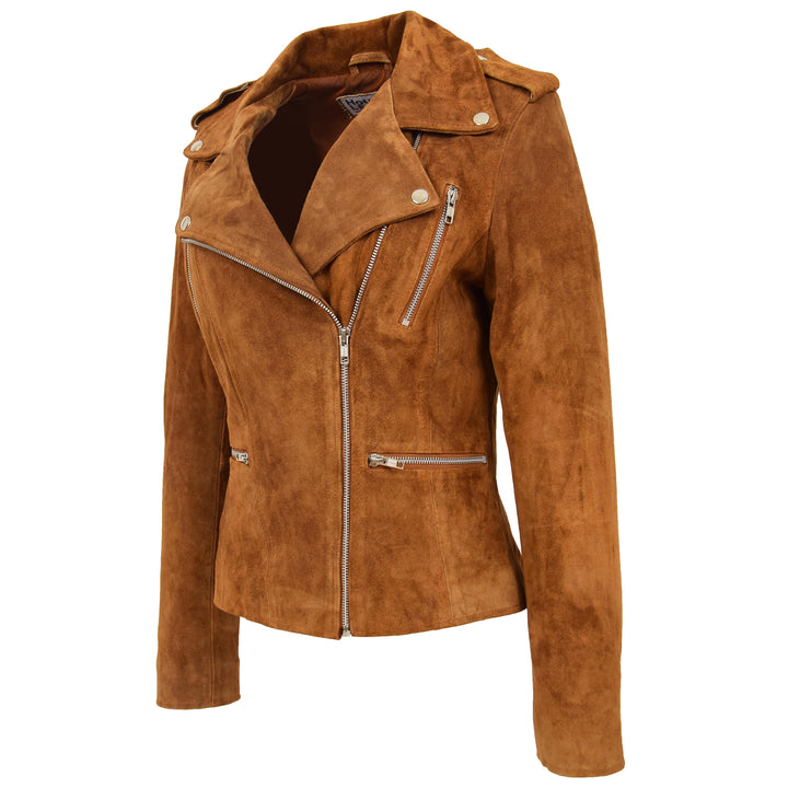 Womens Suede Biker Style Zip Jacket Skylar Tan 4