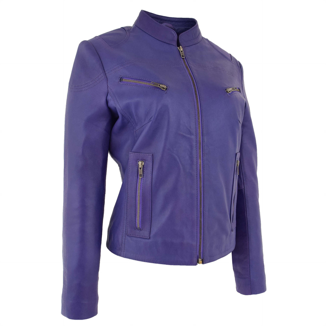 Womens Leather Standing Collar Jacket Becky Purple 4