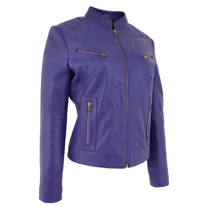 Womens Leather Standing Collar Jacket Becky Purple 4