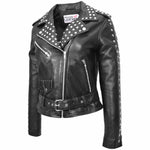 Womens Real Leather Biker Jacket Studded Brando Jacket Heidi Black 4