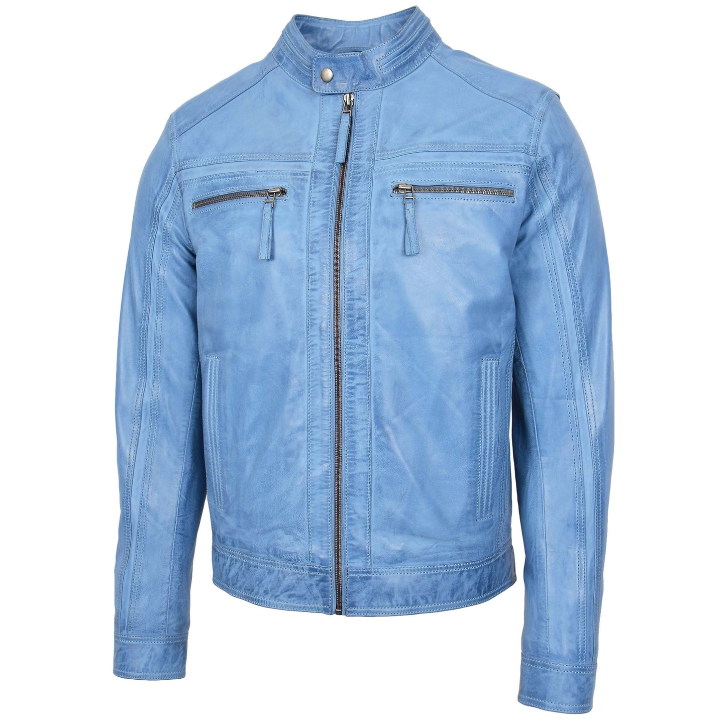 Mens Leather Cafe Racer Biker Jacket Charlie Sky Blue 3