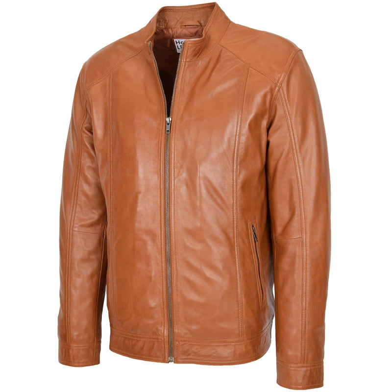 Mens Soft Leather Casual Plain Zip Jacket Matt Tan 3