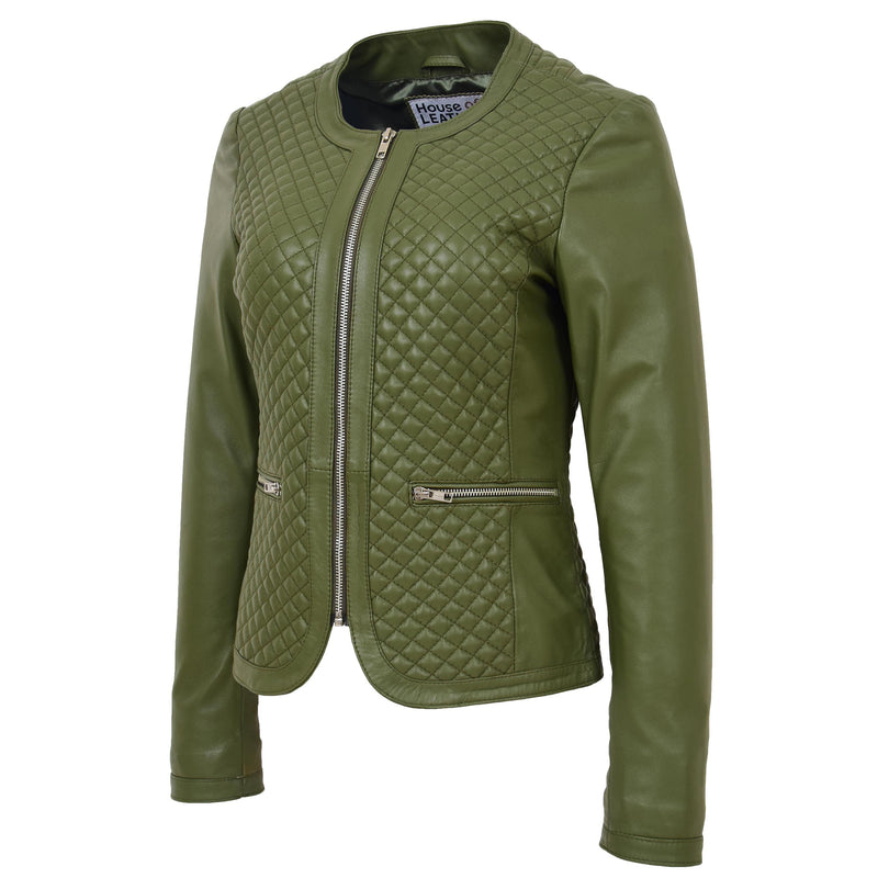 Womens Leather Collarless Jacket with Quilt Design Joan Olive Green 3