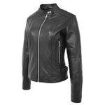 Womens Soft Leather Casual Zip Biker Jacket Ruby Black 4