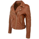 Womens Real Leather Biker Cross Zip Fashion Jacket Remi Tan 4