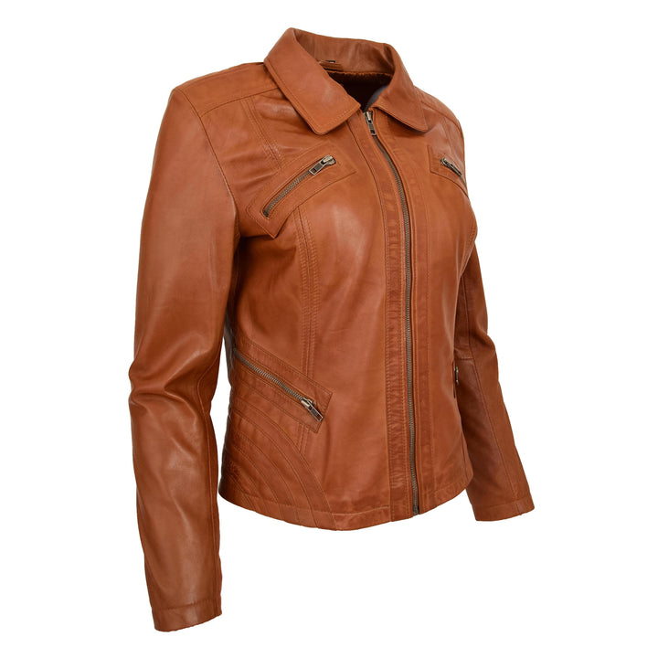 Womens Classic Leather Biker Zip Box Jacket Nova Tan