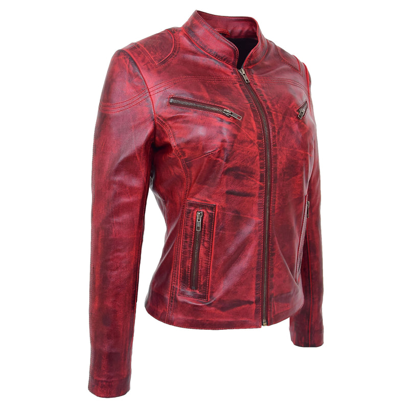 Womens Leather Standing Collar Jacket Becky Burnt Red 3