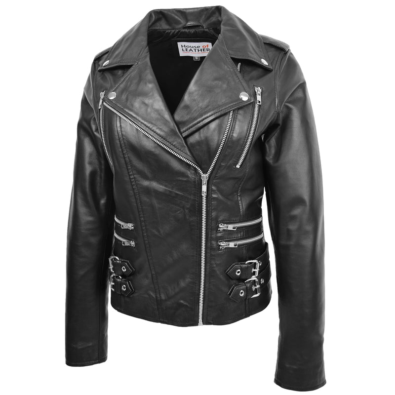 Womens Cross Zip Biker Leather Jacket Cara Black 3