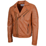 Mens Biker Leather Jacket Dual Zip Hook Tan 3