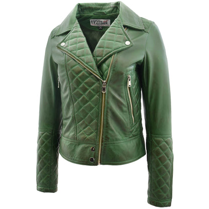 Womens Leather Biker Jacket with Quilt Detail Ziva Green 3